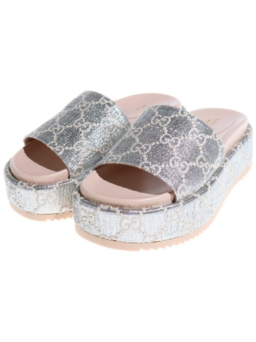Gucci Platform Slide Sandals GG Canvas Silver Beige